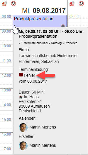 Screenshot eines Tooltipps mit angezeigtem Status "Fehler" durch nicht möglichen Versand der Termineinladung