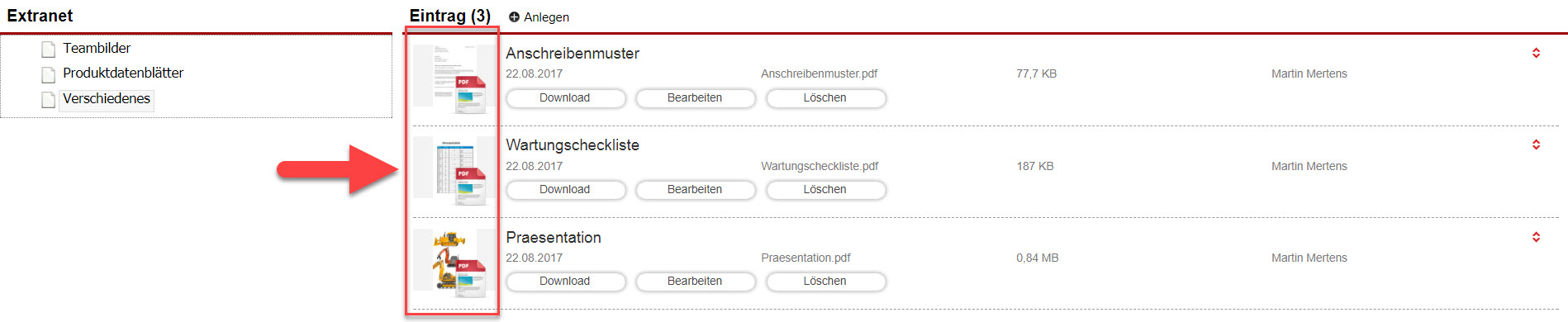 Screenshot Thumbnails im Extranet bei PDFs