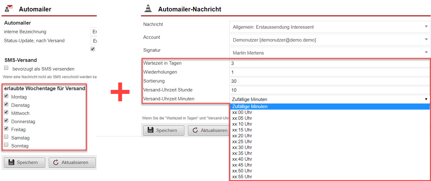 Screenshot-Montage Fenster zur Wochentags- und genauen Uhrzeiteinstellung für den Versand von Automailings