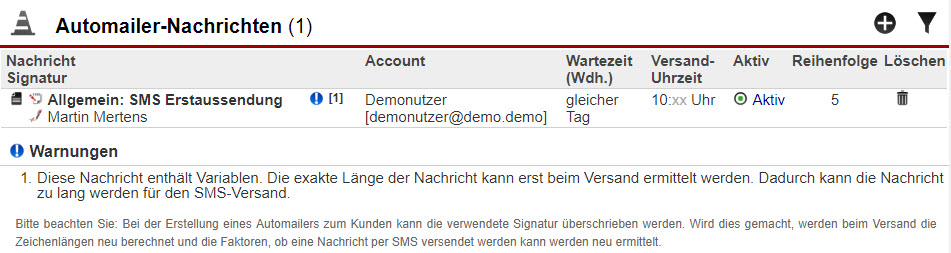 Screenshot Bereich "Automailer-Nachrichten" mit Hinweismeldungen hinsichtlich des Versands der Nachrichten