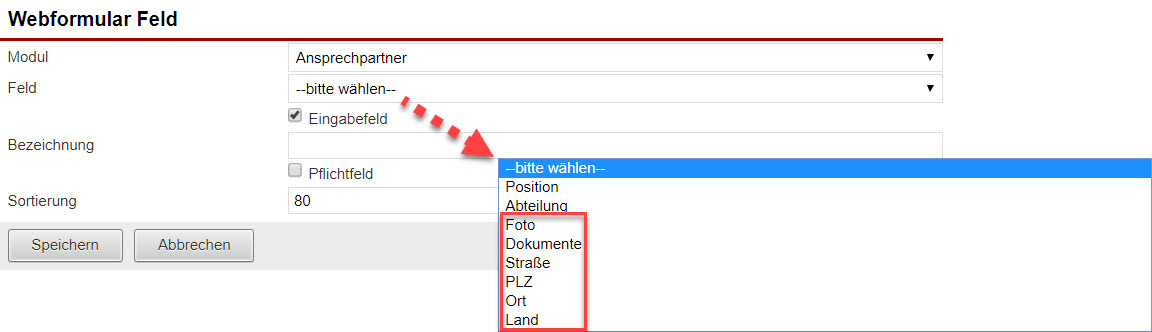 Screenshot Maske zur Anlage eines Webformularfelds mit markierter Auswahl von zur Verfügung stehender Zusatzfelder