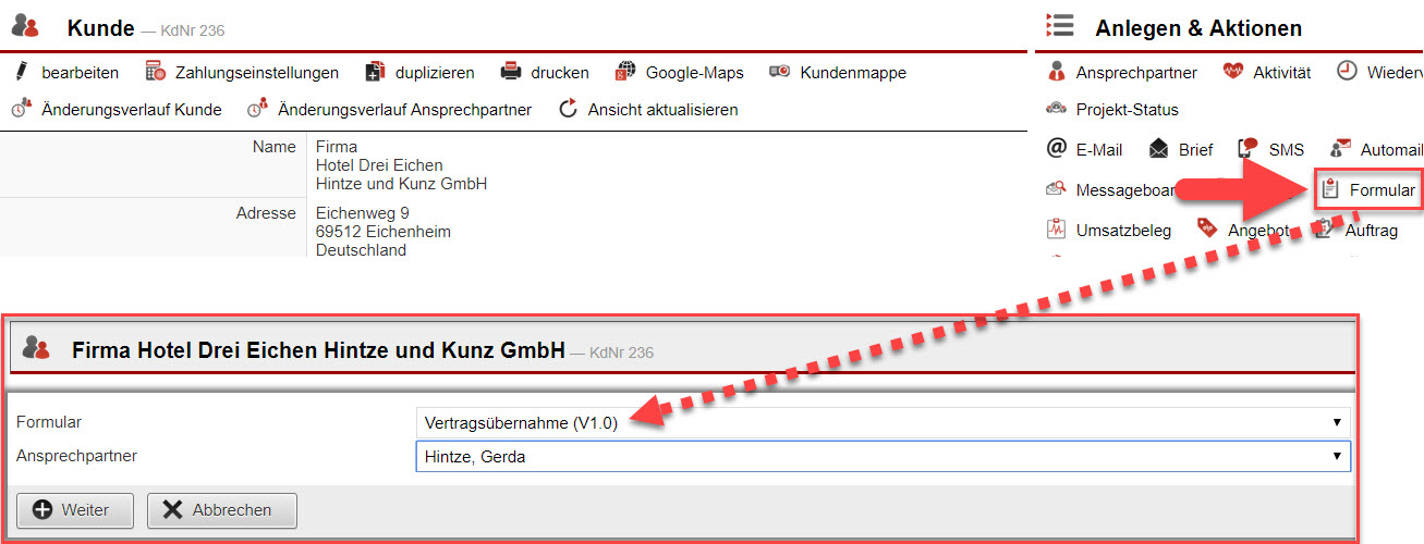 Montage Kundenstammdatenansicht mit markiertem Button "Formular" und dem durch einen Klick darauf geöffneten Fenster