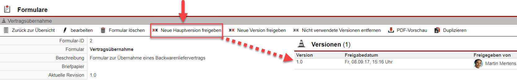 Screenshot Menüleiste des Belegeinrichtungsfesterns mit Markierung der Funktion "Neue Hauptversion festlegen"
