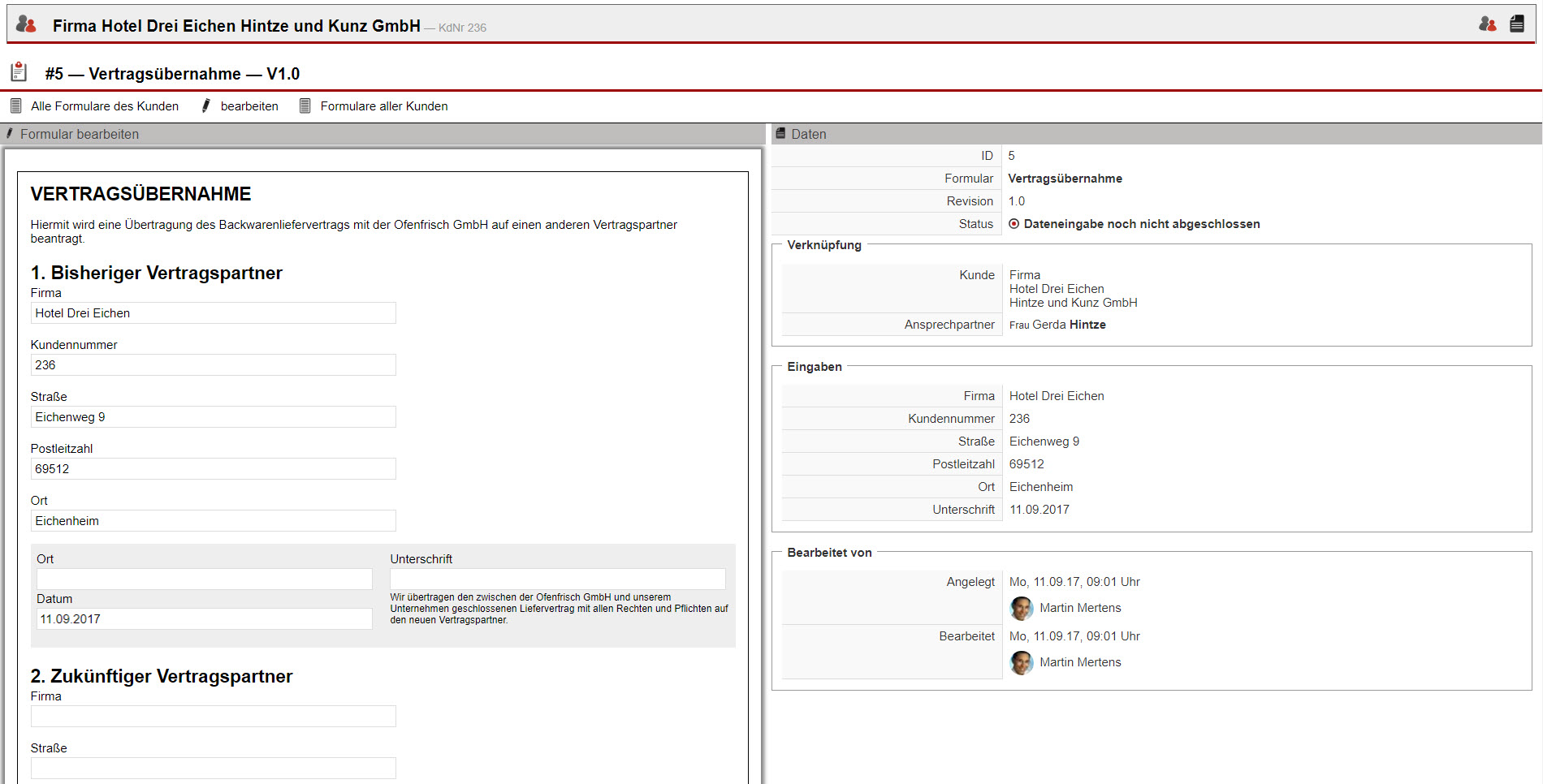 Screenshot Bearbeitungsmaske eines beim Kunden eingesetzten Formulars