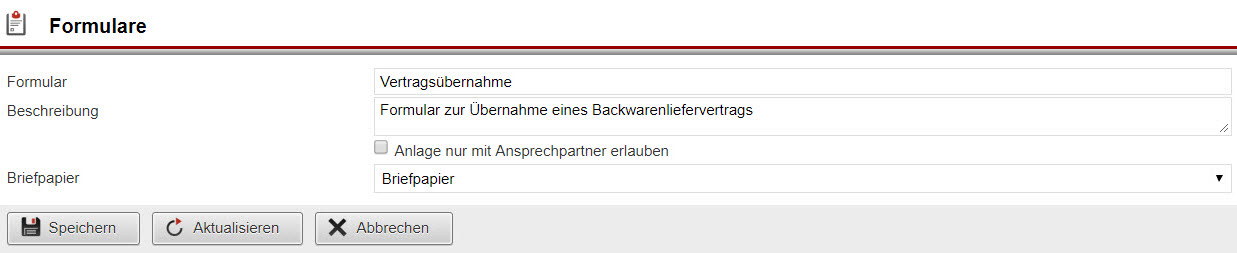 Screenshot Eingabemaske für die Grunddaten des neuen Formulars