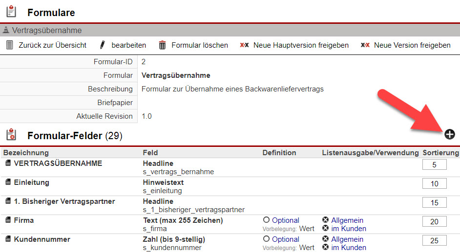 Screenshot Fenster zur Einrichtung des Formulars mit Pfeil auf den Anlegen-Button für neue Formularfelder