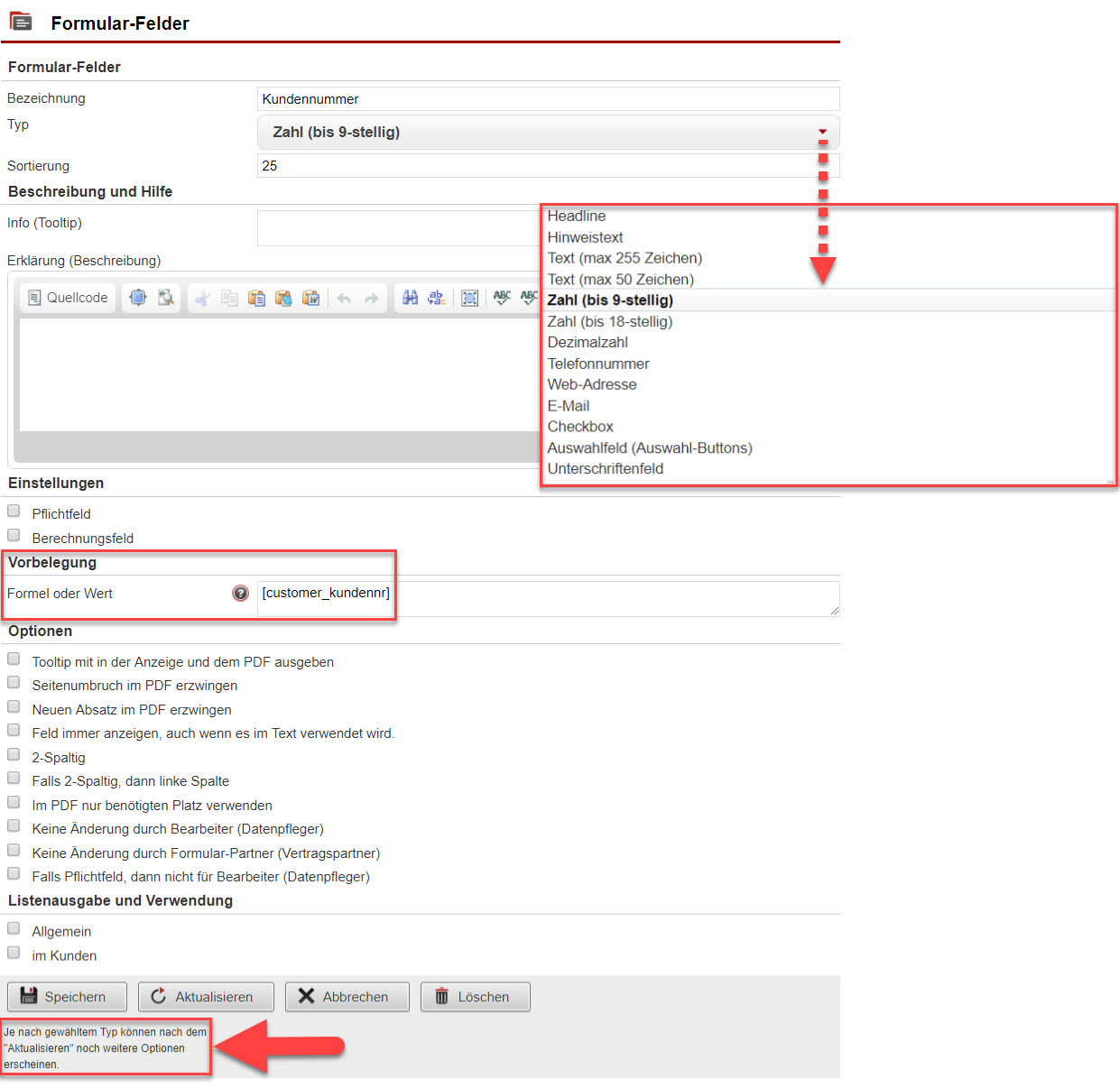 Screenshot Bearbeitungsmaske eines Formularfelds mit Markierungen bei verschiedenen Bereichen