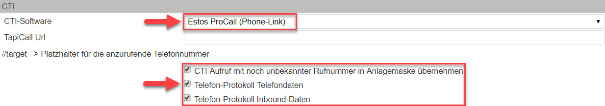 Screenshot Systemeinstellungen Bereich CTI Software Einstellungen mit Rahmen um ProCall-Konfigurationen