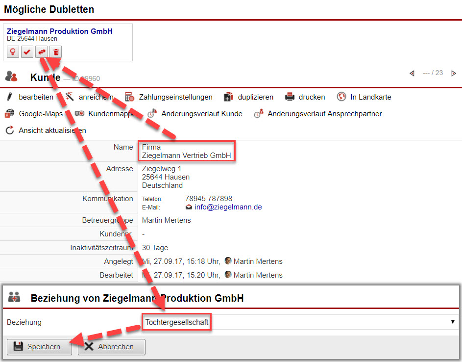 Screenshot Stammdatenansicht während der Nutzung "Kundenbeziehung zu einer möglichen Dublette herstellen" mit Markierungen an verschiedenen Stellen