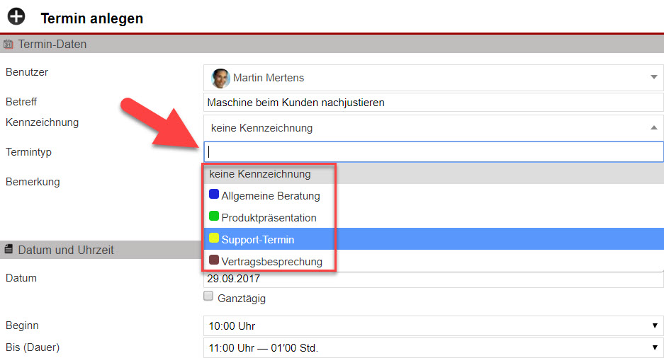 Screenshot Terminalagemaske mit Markierung des Dropdown-Menüs zur Kennzeichnungsauswahl