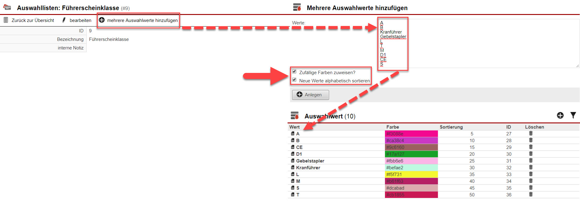 Screenshot der Anlagemaske für Wertelisten mit Markierungen an verschiedenen Stellen