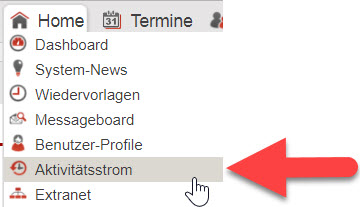 Screenshot Menü Home mit Pfeil auf Unterpunkt "Aktivitätsstrom"