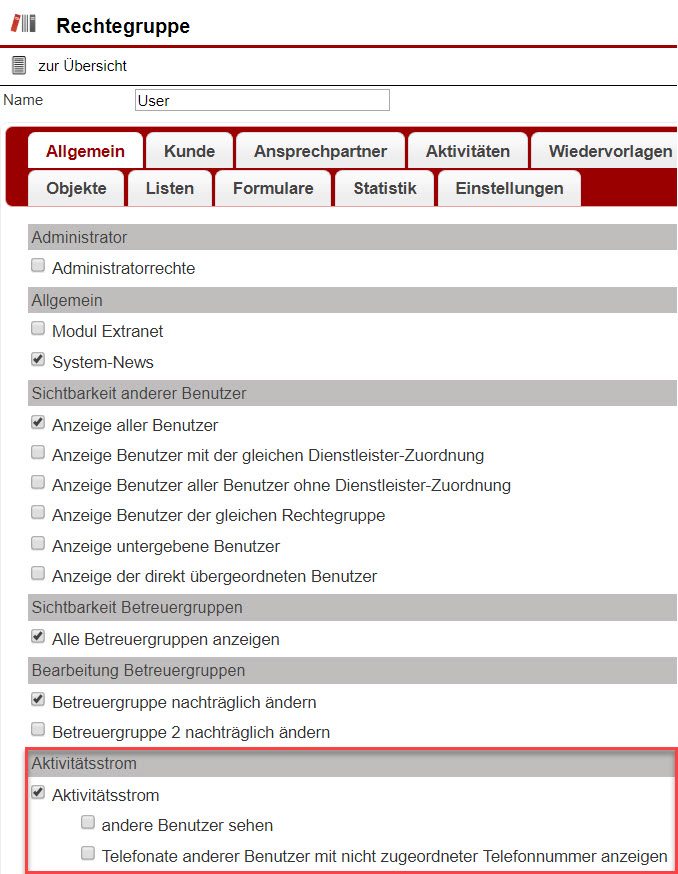 Screenshot Rechtegruppeneinstellungen mit Markierung des Bereichs "Aktivitätsstrom"