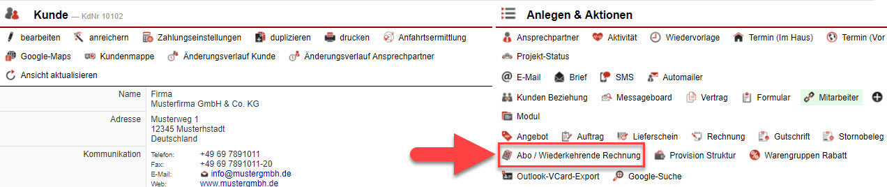 Screenshot Kundenstammdatenansicht mit Markierung auf dem Button "Abo / Wiederkehrende Rechnung"