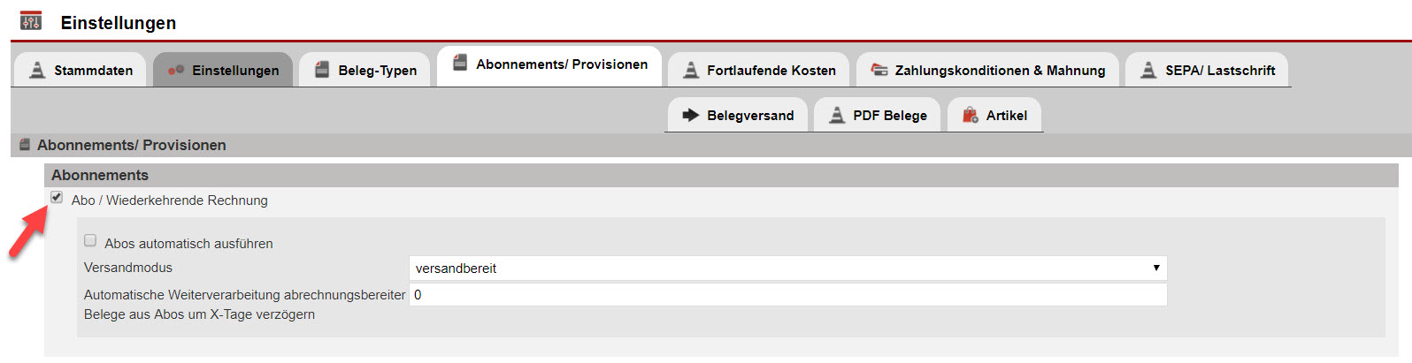 Screenshot Fakturaeinstellungsbereich zum Aktivieren von wiederkehrenden Rechnungen