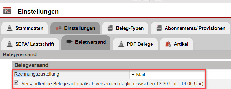 Screenshot Faktura-Einstellungen "Belegversand" mit Markierung der Optionen hinsichtlich der Rechnungszustellung