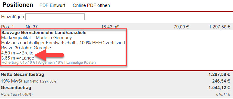 Screenshot Anzeige der Positionsdetails mit Markierung der Artikelbezeichnung und der darunter nochmals aufgeführten Werte der Berechnungsformel