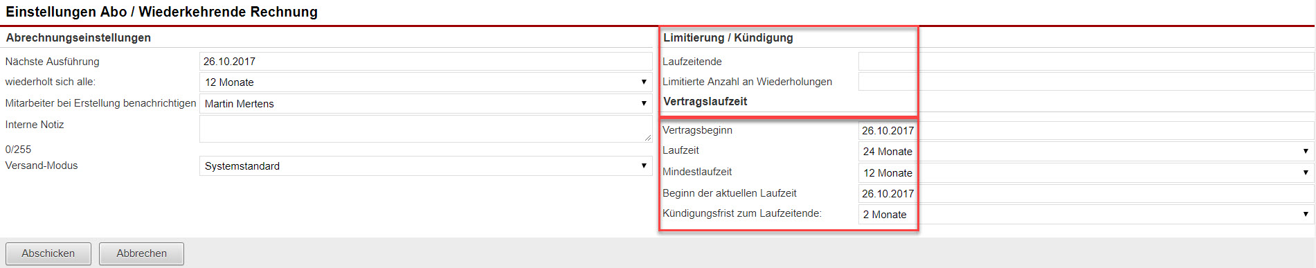 Screenshot Bereich "Einstellungen Abo / Wiederkehrende Rechnungen"