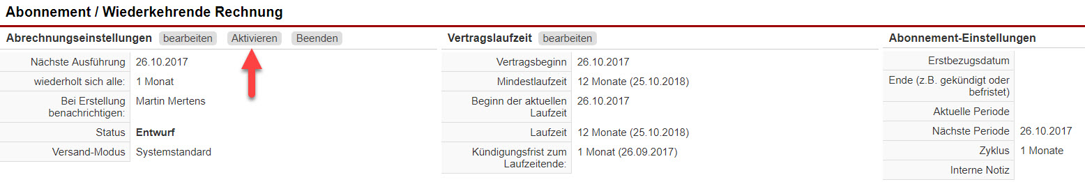 Screenshot Bereich "Abrechnungseinstellungen" innerhalb der Eingabemaske einer wiederkehrenden Rechnung mit Markierung des dortigen Buttons "Aktivieren"