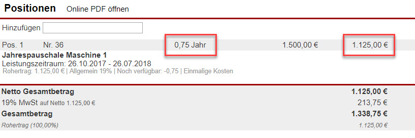 Screenshot Positonsansicht einer gerade erstellten Aborechnung mit Markierung der Angaben zu Berechnungsdauer und sich dadurch ergebenden Wert in Euro