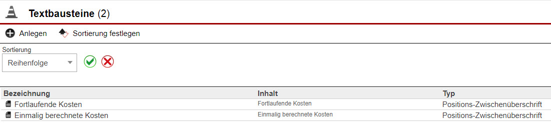 Screenshot Übersichtsmaske der angelegten Zwischenüberschriften