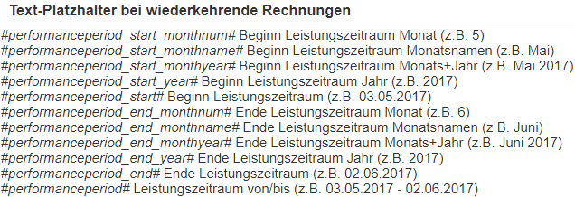 Screenshot Übersicht Platzhalter für Textvariablen Abonnement-Auftragsbeschreibungen