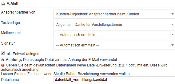 Screenshot Teil der Anlagemaske des Objekt-Prozess-Buttons zur Generierung eines Datenblattes