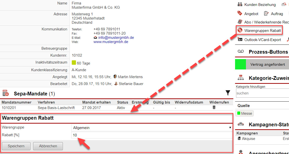 Screenshot Stammdatenansicht mit ausgeklappten und markierten Bereich für die Festlegung von Warengruppenrabatten bei einem Kunden