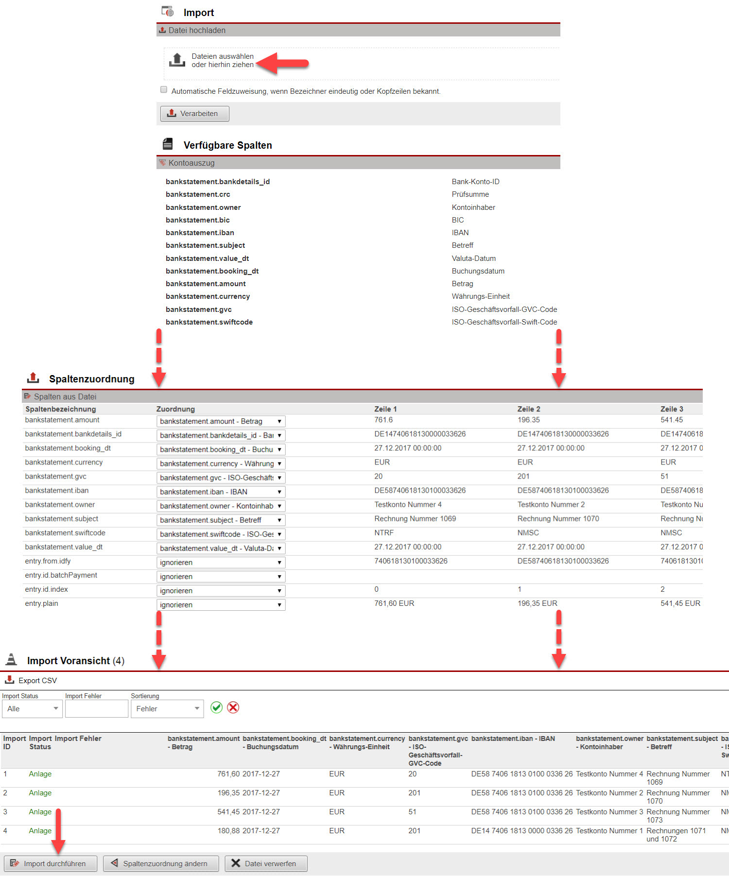 Collage Screenshots des Fensters "Import" für Kontoauszüge, der entsprechenden Maske für die Spaltenzuordnung und der Import-Voransicht mit verschiedenen Markierungen