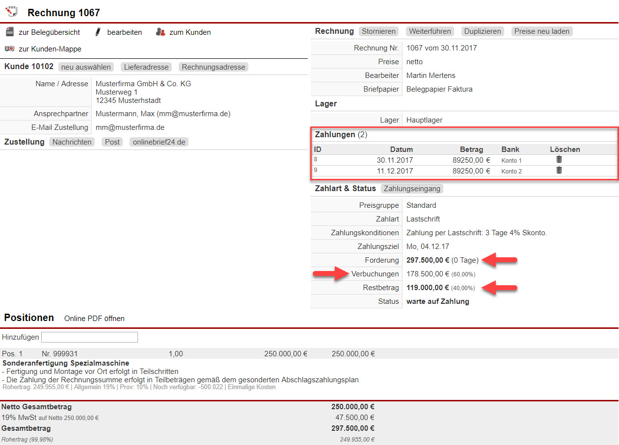 Screenshot Fenster zur Bearbeitung einer Rechnung mit verschiedenen Markierungen auf den Bereichen, die Aufschluss über bereits eingegangene Teilzahlungen geben
