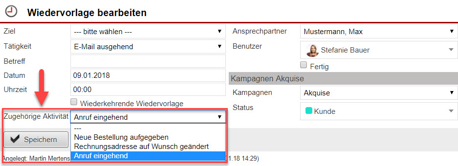 Screenshot einer geöffneten Wiedervorlage mit Markierung des Bereichs zum manuellen Auswählen einer zugehörigen Aktivität