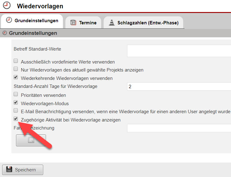 Screenshot Einstellungsbereich für Wiedervorlagen mit Markierung der Option für die Anzeige zugehöriger Aktivitäten zu Wiedervorlagen.