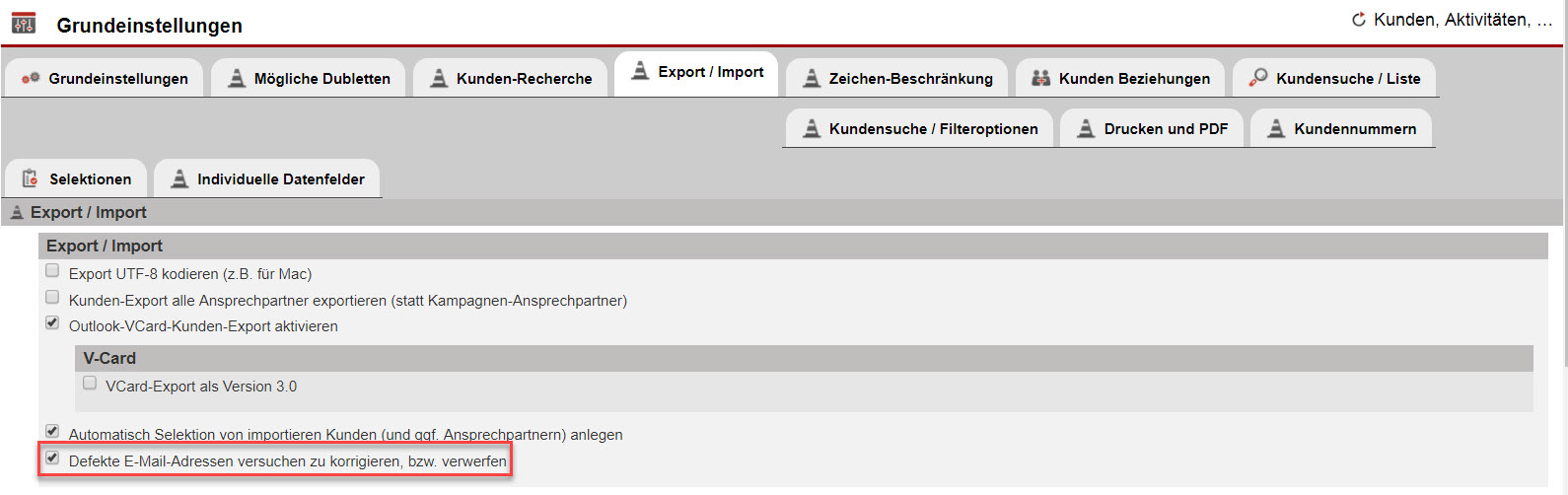 Screenshot Einstellungsbereich mit Markierung der Option "Defekte E-Mail-Adressen versuchen zu korrigieren, bzw. verwerfen"