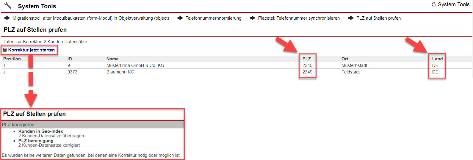 Screenshot des System-Tools "PLZ auf Stellen prüfen"