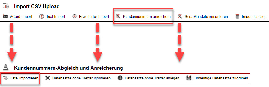 Screenshot-Collage der Punkte und Schaltflächen, die man benötigt um zur Funktion für die Anreicherung von Kundennummern zu gelangen