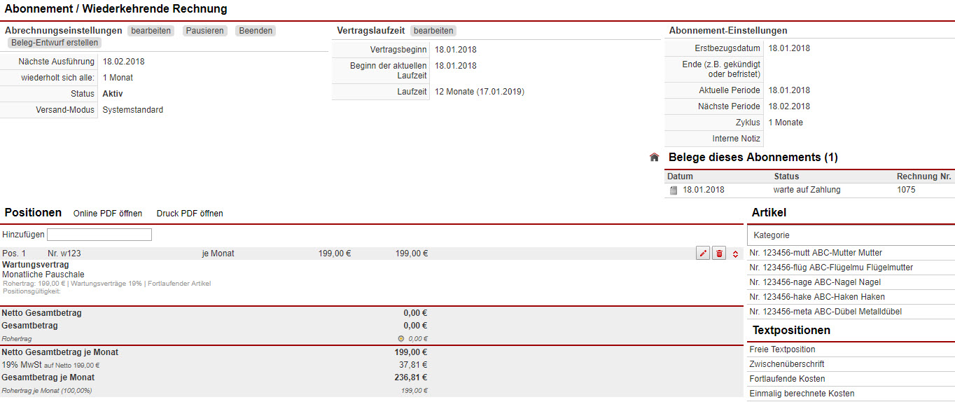 Screenshot Ansichtsmaske einer wiederkehrenden Rechnung, welche aus einem Angebot mit fortlaufenden Kosten generiert wurde.