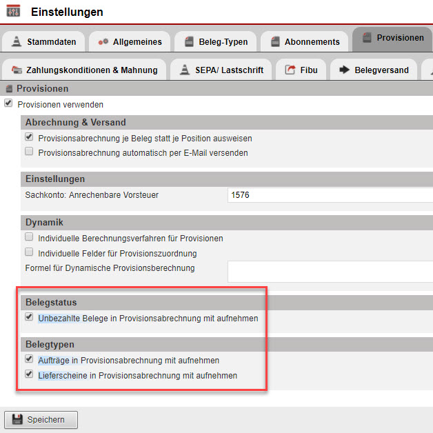 Screenshot Fakturaeinstellungen mit Markierung der drei neuen Optionen