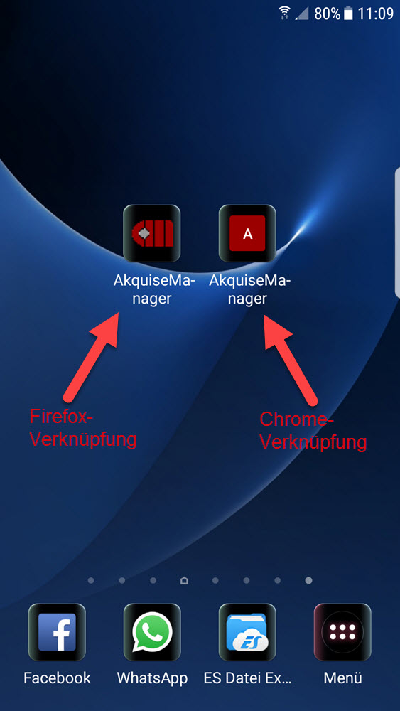 Screenshot Android-Startbildschirm mit zwei AkquiseManager-Verknüpfungen