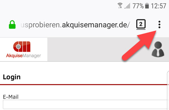 Screenshot Browser auf einem Android-Gerät mit Markierung des Menü-Buttons