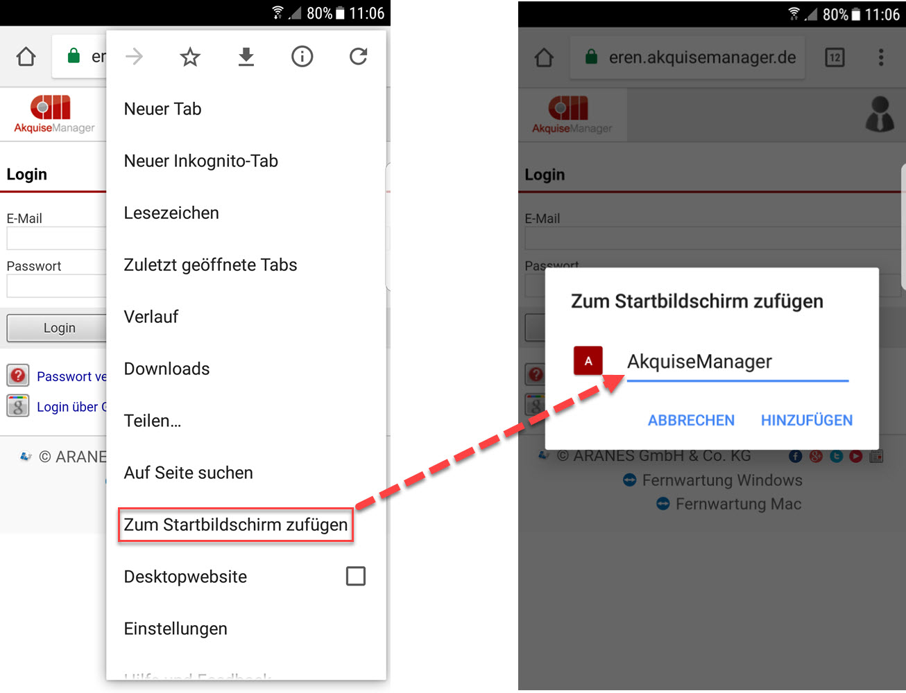 Screenshot Verknüpfung zum Startbildschirm mit einem Android-Chrome-Browser erstellen