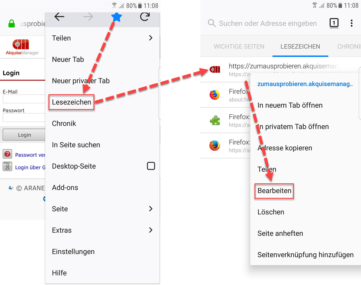 Screenshot Lesezeichen anlegen und bearbeiten im Android-Firefox-Browser