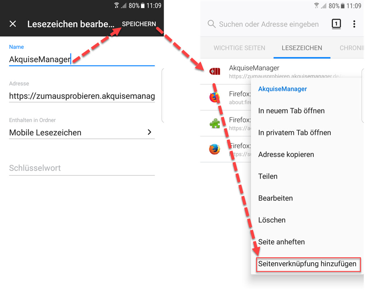 Screenshot Lesezeichen im Android-Firefox-Browser umbenennen und auf dem Startbildschirm speichern.