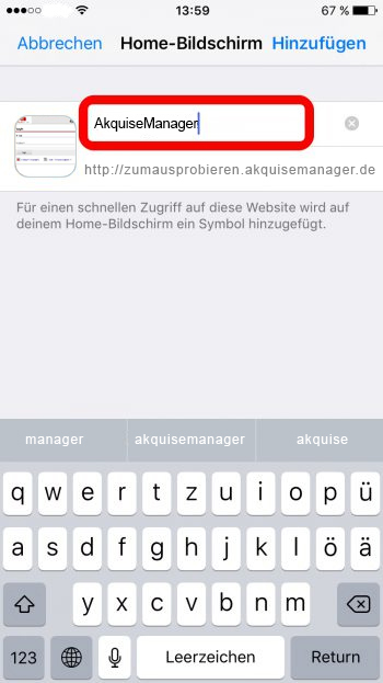 Screenshot Fenster zum Benennen von Home-Bildschirm-Verknüpfungen beim iOS-Safari-Browser