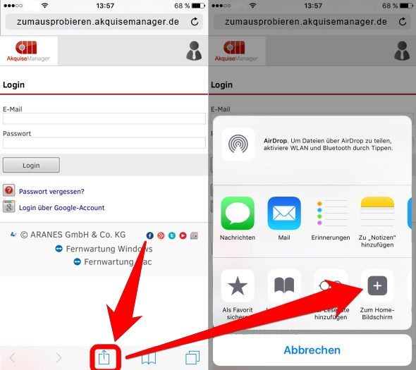 Screenshot Safari mit aufgeklapptem Menü nach Drücken des Teilen-Buttons