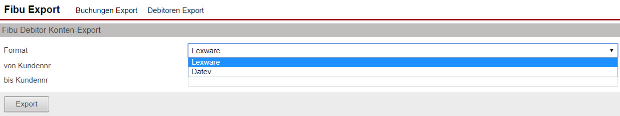 Screenshot Maske für den Export von Debitoren