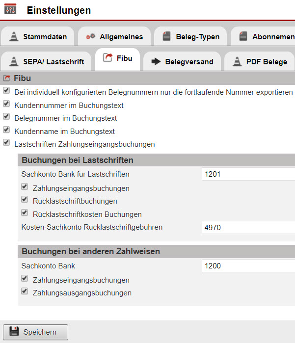 Screenshot Bereich für die Einstellungen des FiBu-Exports
