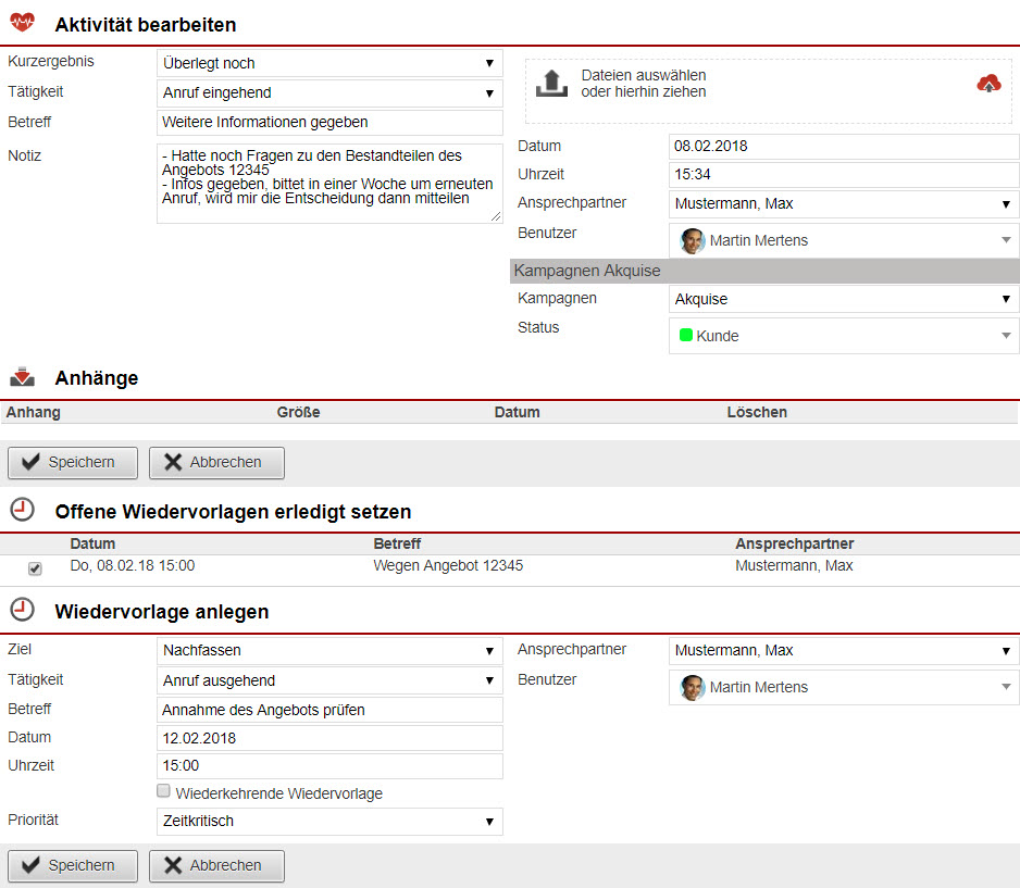 Screenshot Maske zum Anlegen von Aktivitäten und Wiedervorlagen