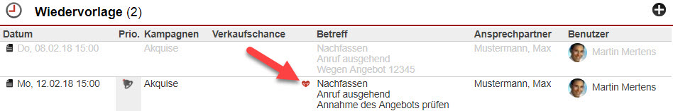 Screenshot Wiedervorlagen-Anzeige in einem Datensatz