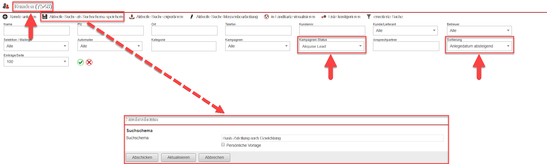 Screenshot-Montage: Filtermaske mit markierten Eintragungen, die dann in einem Suchschema gespeichert wird