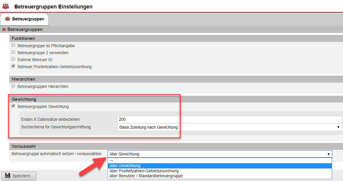 Screenshot Einstellungsmakse zur Einstellung der Aufteilung von Leads nach Gewichtung mit verschiedenen Markierungen